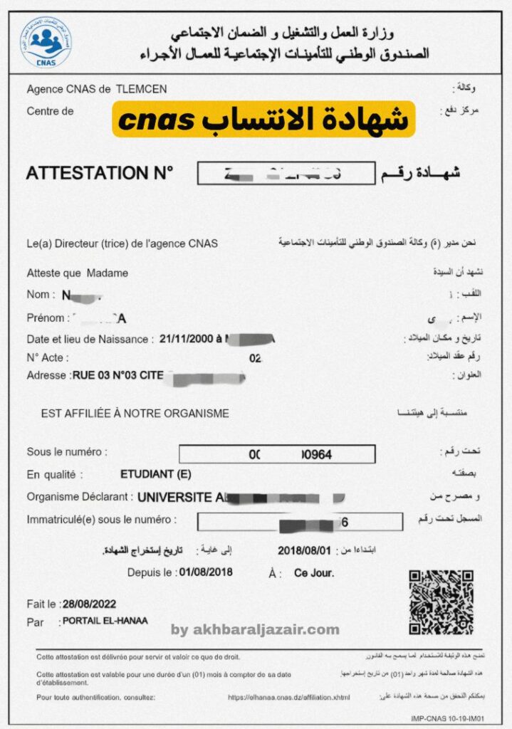شهادة الانتساب CNAS الرسمية 2025 - نسخة رقمية من منصة elhanaa.cnas.dz
صورة توضيحية لشهادة الانتساب CNAS نسخة رقمية بصيغة PDF تظهر بيانات صاحب الاشتراك مثل الاسم ورقم الضمان الاجتماعي وتاريخ الإصدار